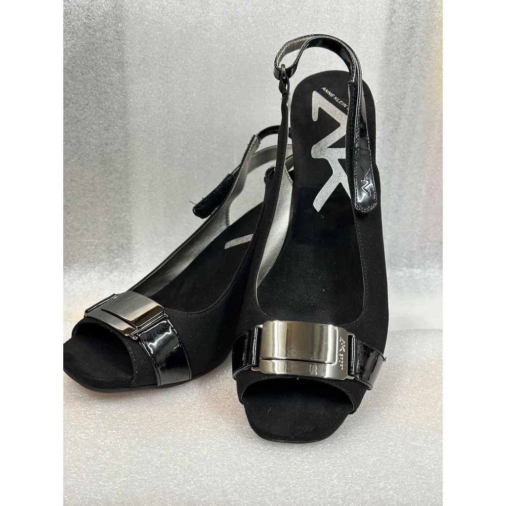 Anne Klein Sport Black Slingback Wedge Peep Toe Heels Shoes Women 10M